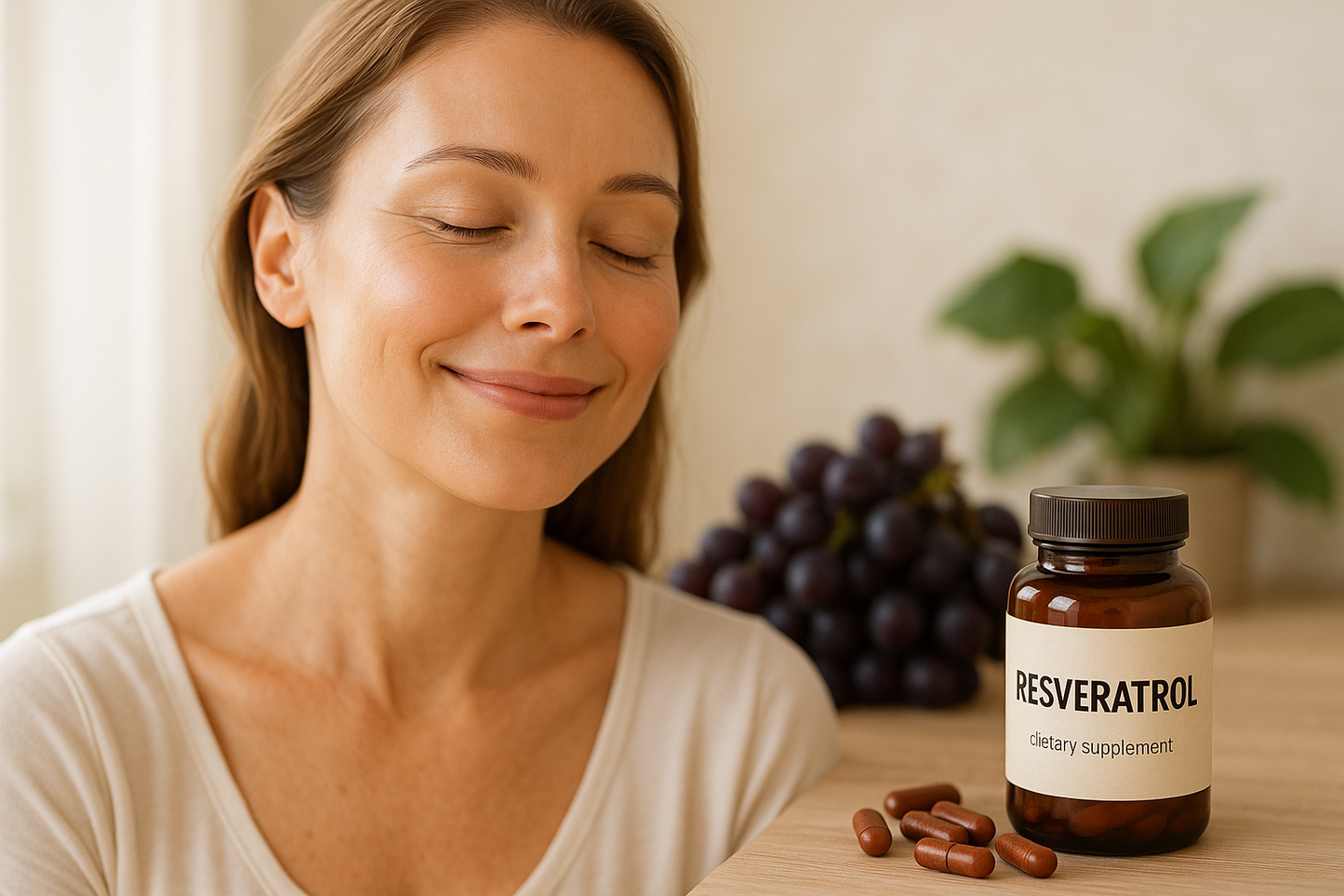 me de imagem de uma mulher feliz calma e satisfeita com a vitamina resveratrol