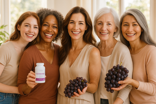 me de imagem de mulheres varias idades felizes e satisfeitas com a vitamina resveratrol
